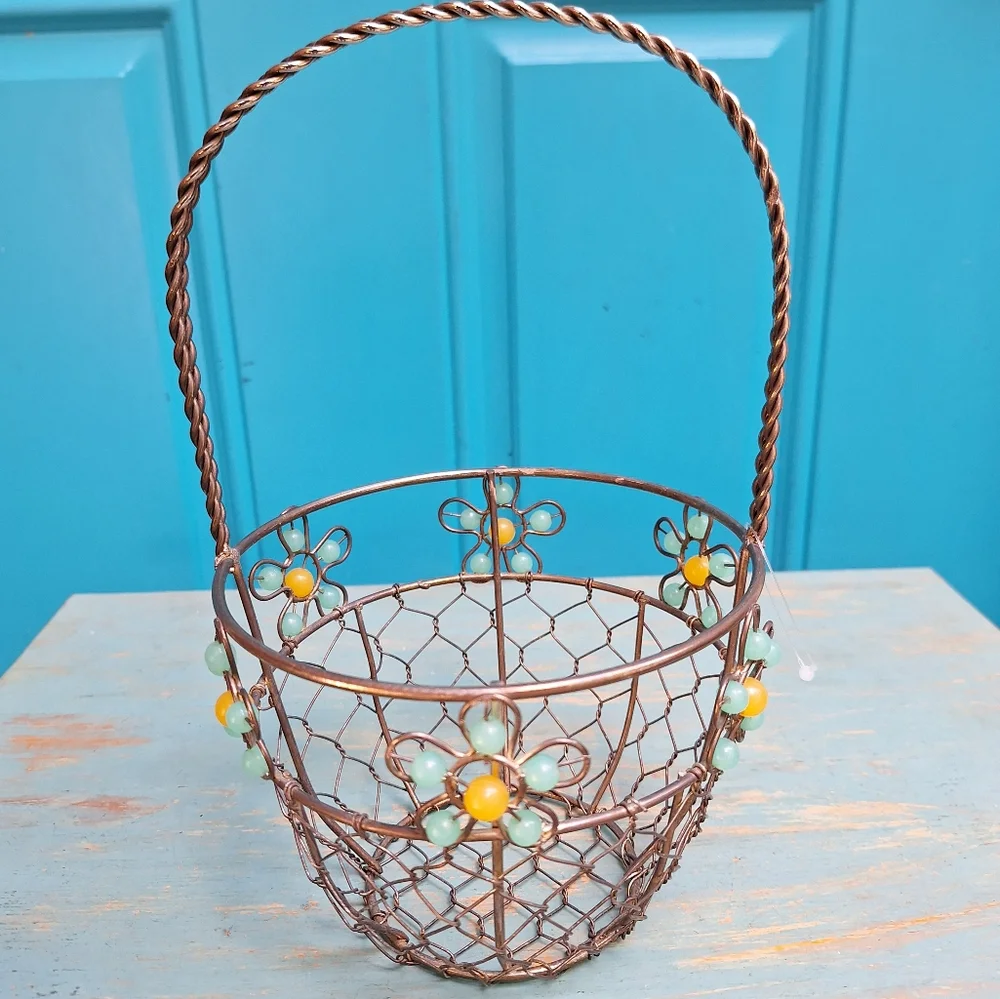 Beaded Easter Basket Silver Metal Woven Steel Aluminum Container w Handle Silver